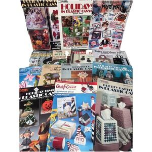 Lot of 14 Plastic Canvas Booklets Holidays Tissue Box Mug Mats Windsocks Totes